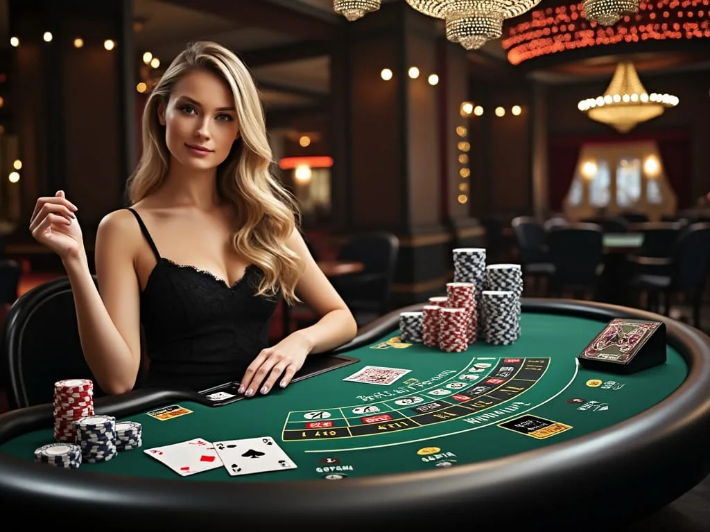 Tampilan meja dealer dan kartu permainan kasino live